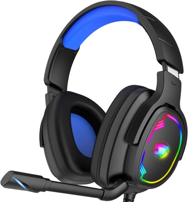 Gaming Headset for PC/PS4/PS5/Xbox One/Switch, Stereo Surround Sound Gaming Headphones with Noise Canceling Flexible Mic, Computer Headset with 3.5mm Jack & RGB Light(Blue)