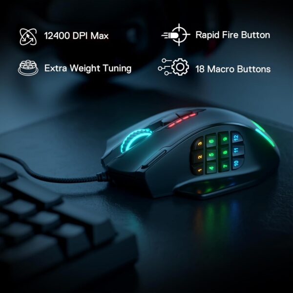 Redragon M908 Impact RGB LED MMO Gaming Mouse with 12 Side Buttons, Optical Wired Ergonomic Gamer Mouse with Max 12,400DPI, High Precision, 18 Programmable Macro Shortcuts, Comfort Grip - Image 2