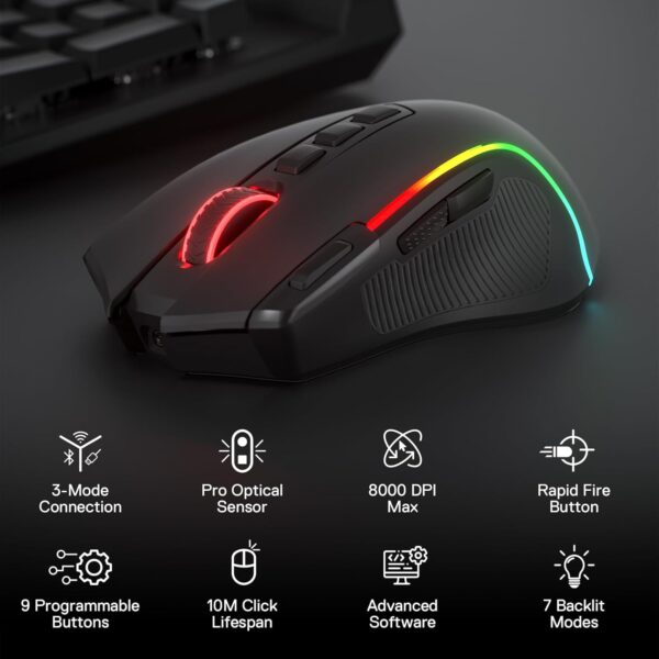 Redragon M612 PRO RGB Gaming Mouse, 8000 DPI Wired/Wireless Optical Gamer Mouse with 9 Programmable Buttons & 7 Backlit Modes, BT & 2.4G Wireless, Software Supports DIY Keybinds Rapid Fire Button - Image 2