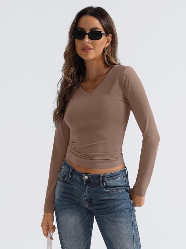 Trendy Queen Long Sleeve Shirts for Women 2024 Fall Fashion V Neck Basics Crop Tops Layering Slim Fitted Y2K Tops - Image 3