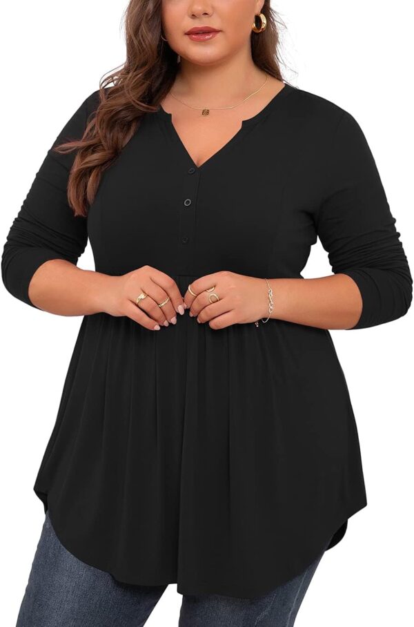 SHIJIALI Women's Plus Size Henley Shirts V Neck Button Tunic Tops Casual Long Sleeve Swing Flowy Blouse - Image 5