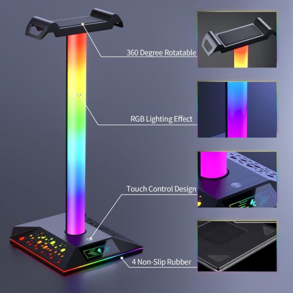 Gaming Headphone Stand PC Accessories - RGB Headset Stand with 2 USB Charger, Cool LED Headphone Holder PC Gaming Accessories Gift for Boys Men Gamers, Computer Game Hardware for Desk - Image 2