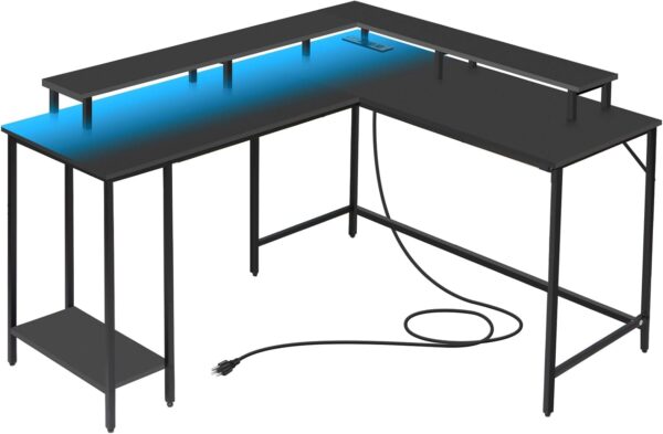 Panana 53.5" L Shaped Computer Desk Gaming Desk with LED Lights and Power Outlets, Reversible L Shaped Corner Desk with Monitor Stand, Home Office Desk with Shelf and USB Port (Black) - Image 4