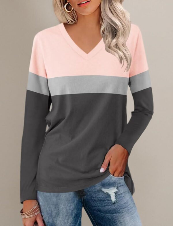 Minetom Women's V Neck Long Sleeve T Shirts Casual Color Block/Solid Tunic Tops Basic Tees - Image 7