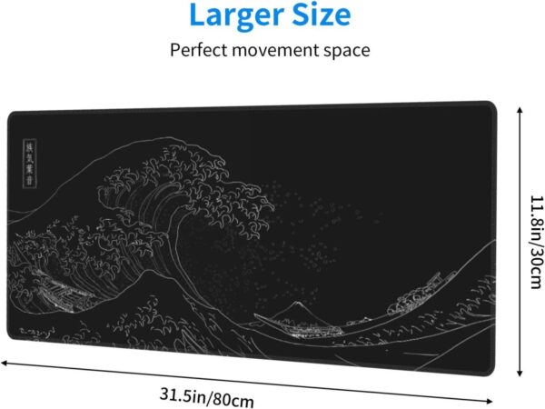 Japanese Gaming Mouse Pad Black Mouse Pad Kanagawa Large Mousepad Non-Slip Rubber Base Waterproof with Stitched Edges for Gaming Office Home, 31.5x11.8 Inch (Black Wave) - Image 2