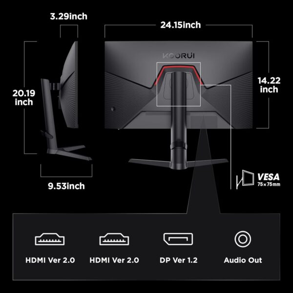 KOORUI Monitor, 27" QHD IPS Gaming Monitor, 170Hz, 1ms, HDR400, Compatibility G-Sync and FreeSync, Tilt Pivot Swivel Vertical Height Adjustable，2 HDMI 2.0 & 1 DisplayPor 1.2, 27E3Q, Black - Image 8