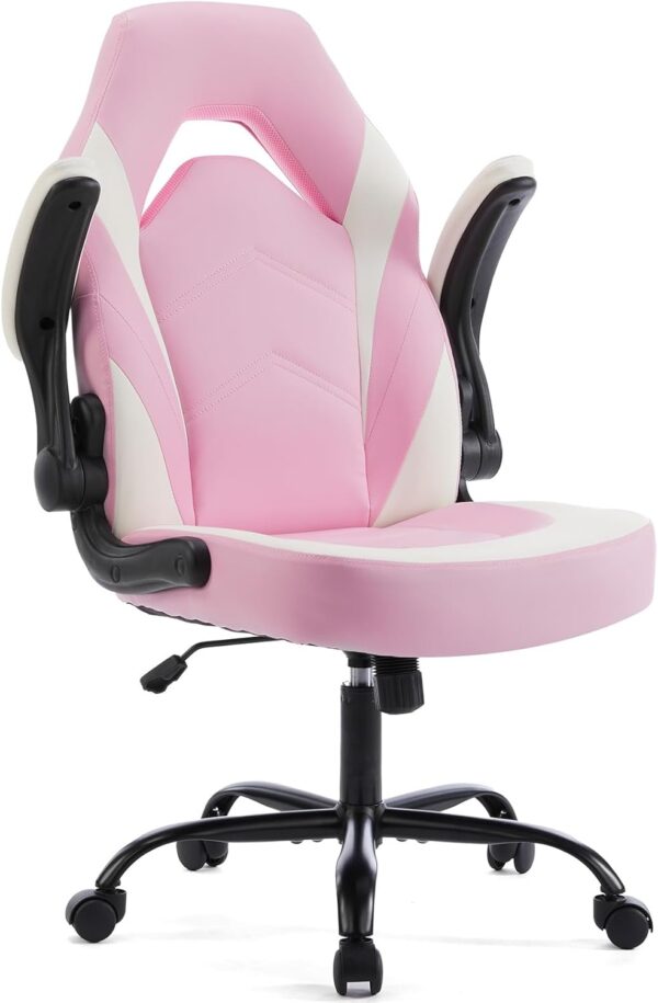 DUMOS Ergonomic Computer Gaming Chair - Home Office Desk with PU Leather Lumbar Support, Height Adjustable Big and Tall Video Game with Flip-up Armrest, Swivel Wheels for Adults and Teens, Pink - Image 7