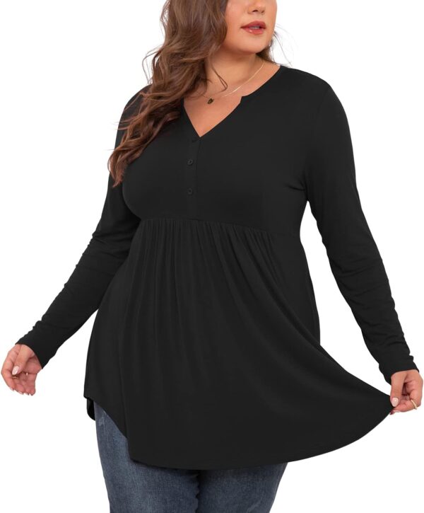 SHIJIALI Women's Plus Size Henley Shirts V Neck Button Tunic Tops Casual Long Sleeve Swing Flowy Blouse - Image 3