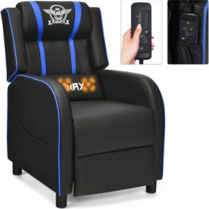GYMAX Gaming Recliner, Massage Gaming Chair w/Adjustable Footrest, Remote Control & Side Pocket, Ergonomic Game Lounge Chair, Racing Style Single Theater Seat Game Sofa for Adults (Blue)