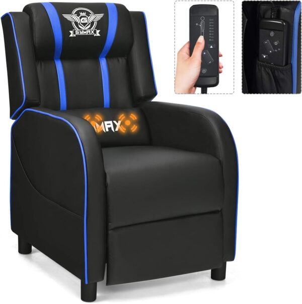 GYMAX Gaming Recliner, Massage Gaming Chair w/Adjustable Footrest, Remote Control & Side Pocket, Ergonomic Game Lounge Chair, Racing Style Single Theater Seat Game Sofa for Adults (Blue)