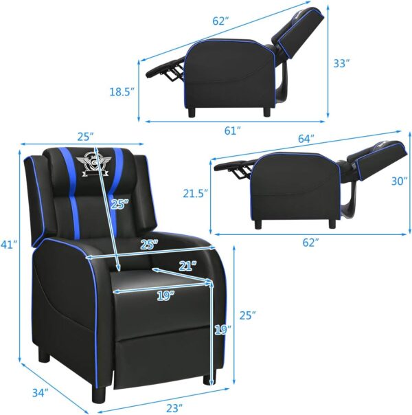 Giantex Gaming Recliner Chair, Adjustable Massage Gaming Chairs for Adults, Ergonomic Comfortable Lounge Leather Sofa w/Footrest, Remote Control & Side Pocket, Racing Style Single Sofa Recliners, Blue - Image 3