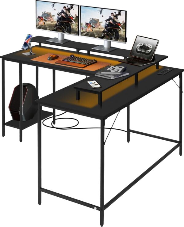 Panana 53.5" L Shaped Computer Desk Gaming Desk with LED Lights and Power Outlets, Reversible L Shaped Corner Desk with Monitor Stand, Home Office Desk with Shelf and USB Port (Black) - Image 9