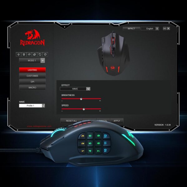 Redragon M908 Impact RGB LED MMO Gaming Mouse with 12 Side Buttons, Optical Wired Ergonomic Gamer Mouse with Max 12,400DPI, High Precision, 18 Programmable Macro Shortcuts, Comfort Grip - Image 8