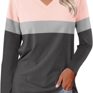 Minetom Women's V Neck Long Sleeve T Shirts Casual Color Block/Solid Tunic Tops Basic Tees