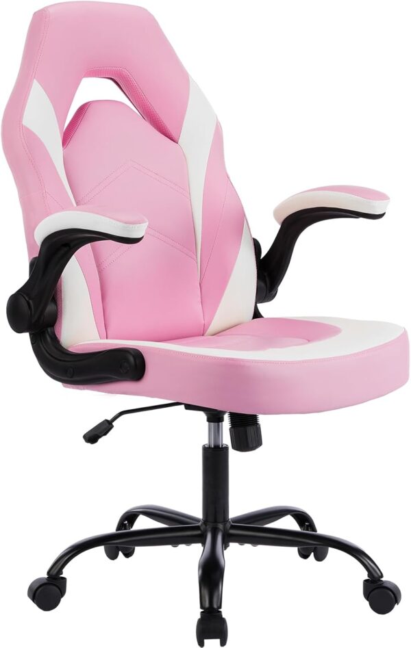 DUMOS Ergonomic Computer Gaming Chair - Home Office Desk with PU Leather Lumbar Support, Height Adjustable Big and Tall Video Game with Flip-up Armrest, Swivel Wheels for Adults and Teens, Pink