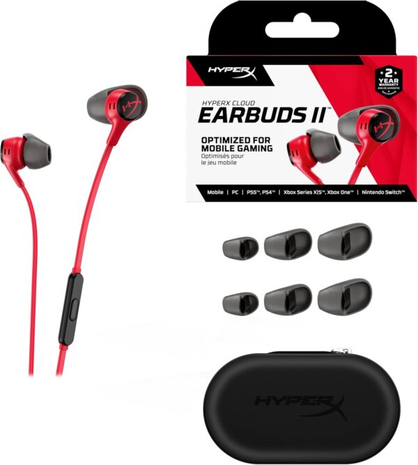 HyperX Cloud Earbuds II – 14mm Drivers, Four Eartips, Hard-Shell Carrying Case, Low-Profile 90° Plug, 3.5mm Plug, Built-in Microphone, Multi-Function Button, PC, Mobile, Nintendo Switch – Red - Image 10