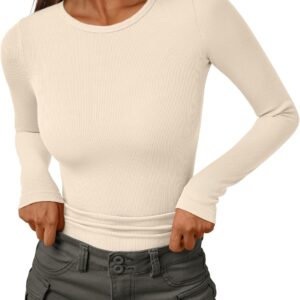 AUTOMET Womens Ribbed Shirts Crewneck Fitted Tops Casual Underscrubs Layer Slim Basic T-Shirts