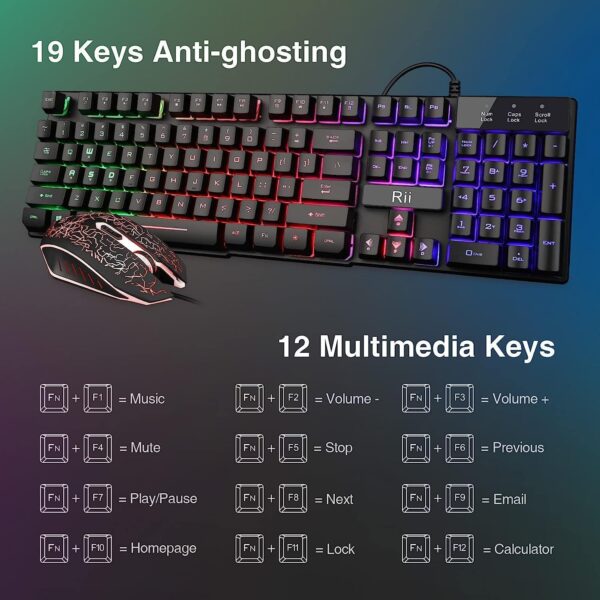 Rii Gaming Keyboard and Mouse Set, Multiple Color Rainbow LED Backlit Multimedia PC Gaming Keyboard,Office Keyboard Colorful Breathing Backlit Gaming Mouse for Working or Primer Gaming,Office Device - Image 4