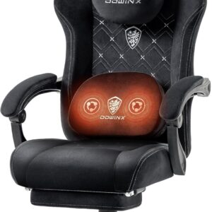 Dowinx Fabric Gaming Chair with Heated Massage Lumbar Support, Breathable Fabric Tall Gaming Chair with Footrest and Pocket Spring Cushion, High Back Gamer Chair for Adult, Black