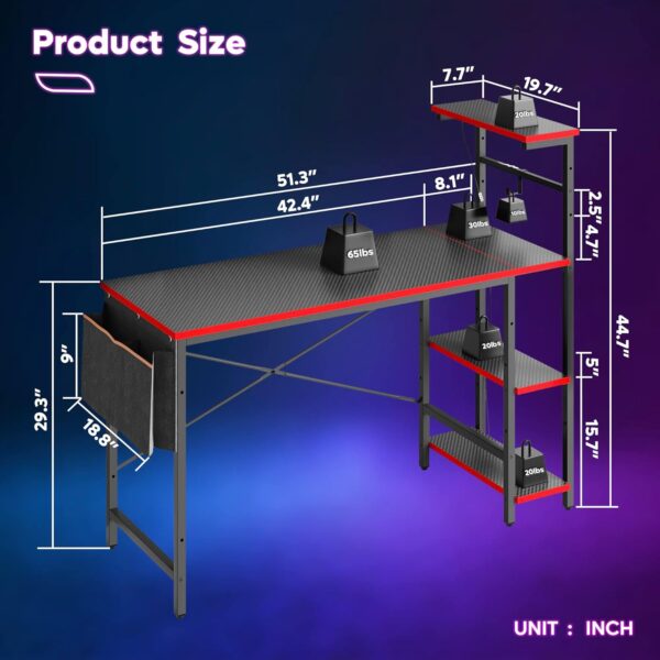 Bestier Gaming Desk with LED Lights, 51.3 Inch Computer Desk with 4 Tiers Reversible Shelves, Gamer Desk with Side Storage Bag, Hooks and Height Adjustable Shelf (Black Carbon Fiber) - Image 2