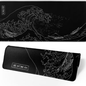 Japanese Gaming Mouse Pad Black Mouse Pad Kanagawa Large Mousepad Non-Slip Rubber Base Waterproof with Stitched Edges for Gaming Office Home, 31.5x11.8 Inch (Black Wave)