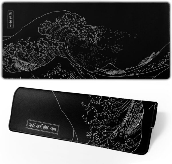 Japanese Gaming Mouse Pad Black Mouse Pad Kanagawa Large Mousepad Non-Slip Rubber Base Waterproof with Stitched Edges for Gaming Office Home, 31.5x11.8 Inch (Black Wave)