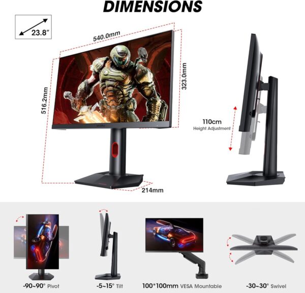 KOORUI Gaming Monitor, 24" Nano IPS Monitor, 165Hz QHD (1440p) Computer Monitor, 1ms 2K PC Monitor, 100% sRGB, Adaptive Sync, Height/Tilt/Pivot Adjustment, HDMI, DisplayPort, GP01 - Image 4