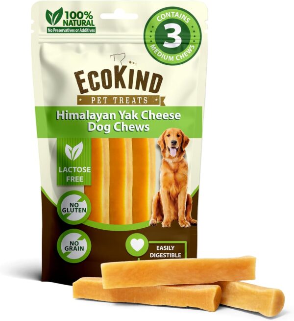 EcoKind Premium Gold Yak Cheese Himalayan Dog Chews, Healthy Dog Treats for Medium Dogs, All Natural, Long Lasting Dog Chew for Aggressive Chewers, High Protein, Rawhide Free Treat, Medium - 3 Chews