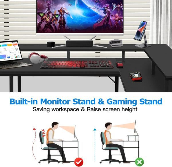 Panana 53.5" L Shaped Computer Desk Gaming Desk with LED Lights and Power Outlets, Reversible L Shaped Corner Desk with Monitor Stand, Home Office Desk with Shelf and USB Port (Black) - Image 6