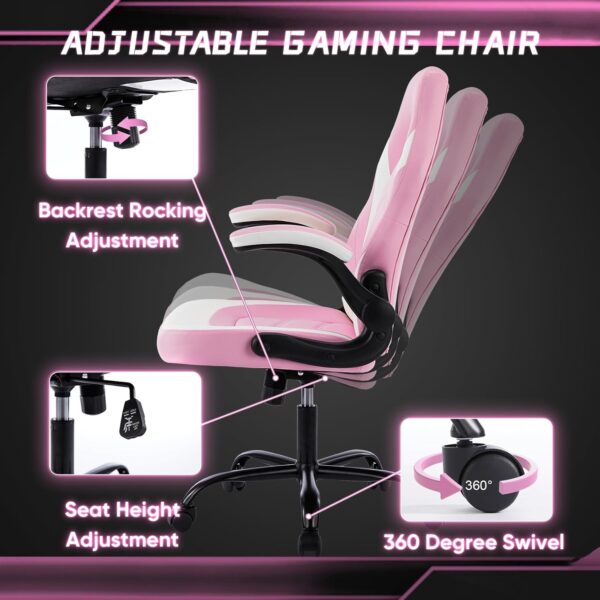 DUMOS Ergonomic Computer Gaming Chair - Home Office Desk with PU Leather Lumbar Support, Height Adjustable Big and Tall Video Game with Flip-up Armrest, Swivel Wheels for Adults and Teens, Pink - Image 5