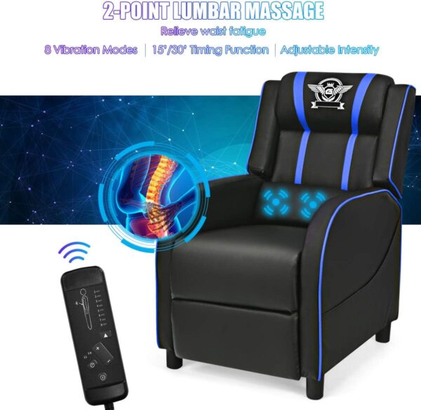 Giantex Gaming Recliner Chair, Adjustable Massage Gaming Chairs for Adults, Ergonomic Comfortable Lounge Leather Sofa w/Footrest, Remote Control & Side Pocket, Racing Style Single Sofa Recliners, Blue - Image 5