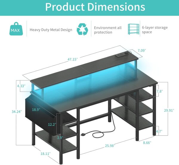 Lufeiya Gaming Desk with LED Lights and Storage Shelves, 47 inch Computer Desk with Power Outlets, Home Office Desk with Monitor Stand, Writing Table PC Desks, Black - Image 3