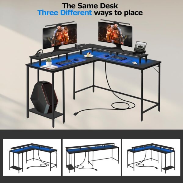 Panana 53.5" L Shaped Computer Desk Gaming Desk with LED Lights and Power Outlets, Reversible L Shaped Corner Desk with Monitor Stand, Home Office Desk with Shelf and USB Port (Black) - Image 7