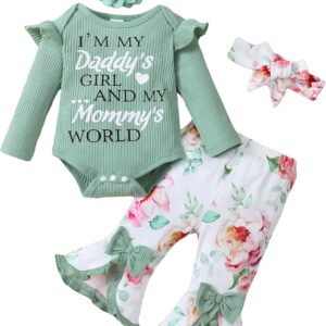 SUNNY PIGGY Newborn Baby Girl Clothes Infant Outfits Romper Floral Fall Outfit Bell Bottoms Pant Sets Hat Headband Flowerpant