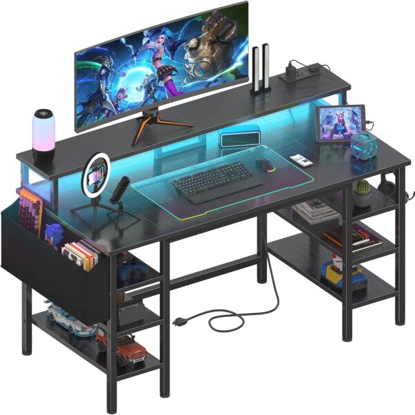 Lufeiya Gaming Desk with LED Lights and Storage Shelves, 47 inch Computer Desk with Power Outlets, Home Office Desk with Monitor Stand, Writing Table PC Desks, Black