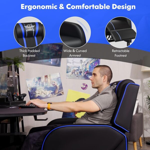 GYMAX Gaming Recliner, Massage Gaming Chair w/Adjustable Footrest, Remote Control & Side Pocket, Ergonomic Game Lounge Chair, Racing Style Single Theater Seat Game Sofa for Adults (Blue) - Image 7