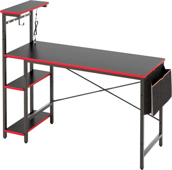 Bestier Gaming Desk with LED Lights, 51.3 Inch Computer Desk with 4 Tiers Reversible Shelves, Gamer Desk with Side Storage Bag, Hooks and Height Adjustable Shelf (Black Carbon Fiber) - Image 8