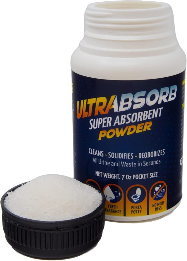 ULTRABSORB Super Absorbent Powder: Multi-Purpose Liquid Spill Solidifies & Deodorizer - Urine, Vomit, Absorb - Odor Remover + Oxy Cleaning Portable Toilet Porta Potty 100% Eco Bio Gel Size 7.0 Oz - Image 2