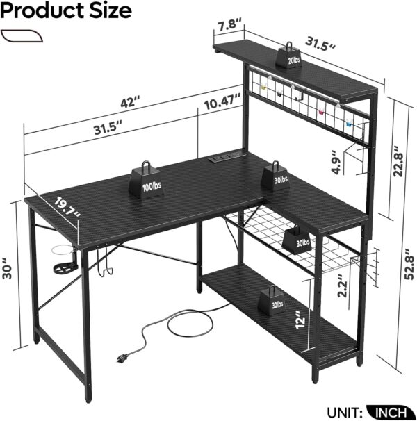 Bestier 42 L Gaming Desk,Computer Desk with Power Outlets, LED Lights, Reversible Corner Desk with 4-Tier Shelves,Cup Holder & Hook Carbon Fiber Black - Image 2