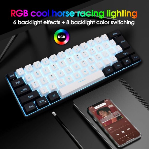 Snpurdiri 60% Wired Gaming Keyboard, RGB Backlit Mini Keyboard, Waterproof Small Ultra-Compact 61 Keys Keyboard for PC/Mac Gamer, Typist, Travel, Easy to Carry on Business Trip(Black-White) - Image 4