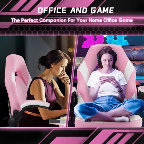 DUMOS Ergonomic Computer Gaming Chair - Home Office Desk with PU Leather Lumbar Support, Height Adjustable Big and Tall Video Game with Flip-up Armrest, Swivel Wheels for Adults and Teens, Pink - Image 6