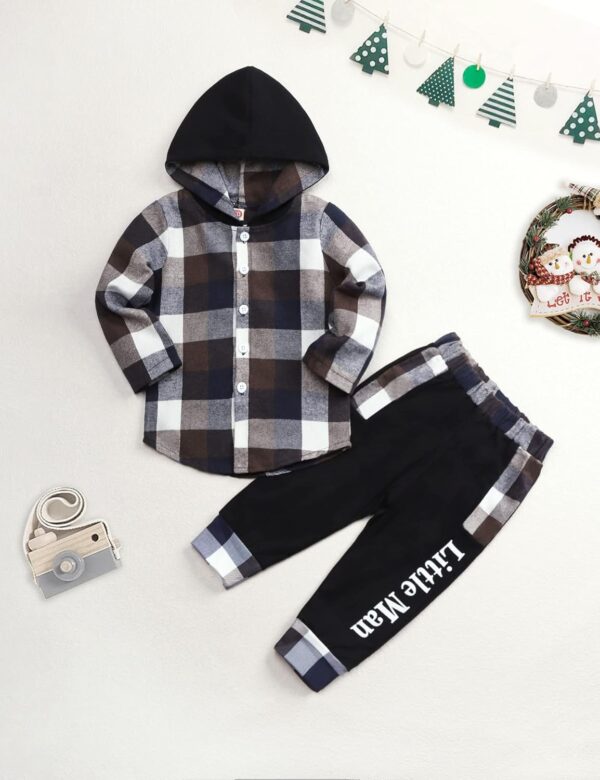 Toddler Baby Boys Clothes Plaid Panel Long-sleeve Hooded Shirt + Sweatpants Fall Winter Outfits Set - Image 7