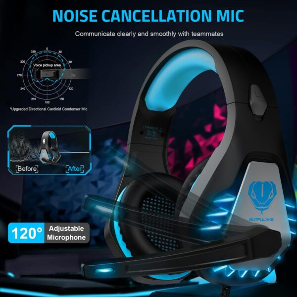 Gaming Headset with Microphone for PC PS4 PS5 Headset Noise Cancelling Gaming Headphones for Laptop Mac Switch Xbox One Headset with LED Lights Deep Bass for Kids Adults Black Blue - Image 2