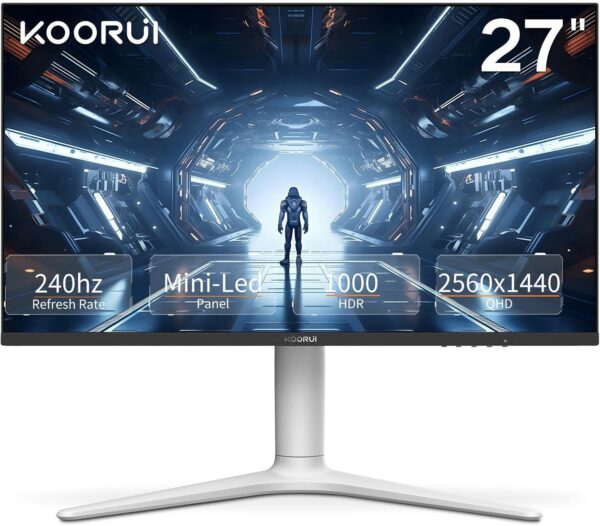 KOORUI Monitor, 27” 240Hz Gaming Monitor, Mini-LED - QHD (2560 x 1440) Computer Monitor, 1ms, HDR 1000, 100% sRGB, Height Adjustable, HDMI/DisplayPort, White/Grey, GN10