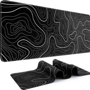 Mouse Pad Gaming Mousepad 31.5 x 11.8in Large Mouse Pad for Keyboard and Mouse with Anti-Slip Rubber Base, Keyboard Pad XL Mouse Mat for Home and Office（Black with White Topographic Line）