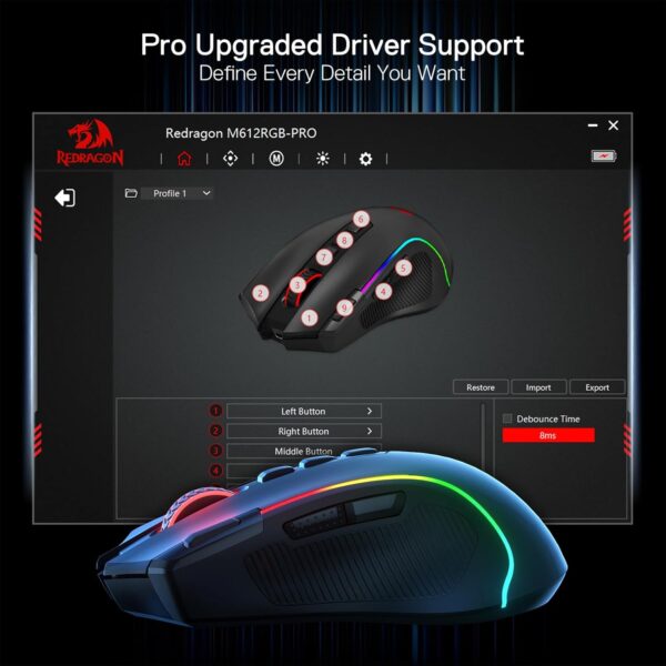 Redragon M612 PRO RGB Gaming Mouse, 8000 DPI Wired/Wireless Optical Gamer Mouse with 9 Programmable Buttons & 7 Backlit Modes, BT & 2.4G Wireless, Software Supports DIY Keybinds Rapid Fire Button - Image 8