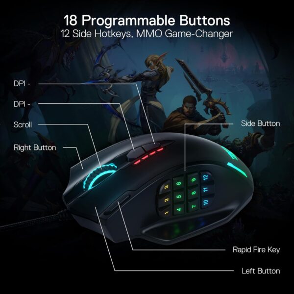 Redragon M908 Impact RGB LED MMO Gaming Mouse with 12 Side Buttons, Optical Wired Ergonomic Gamer Mouse with Max 12,400DPI, High Precision, 18 Programmable Macro Shortcuts, Comfort Grip - Image 4