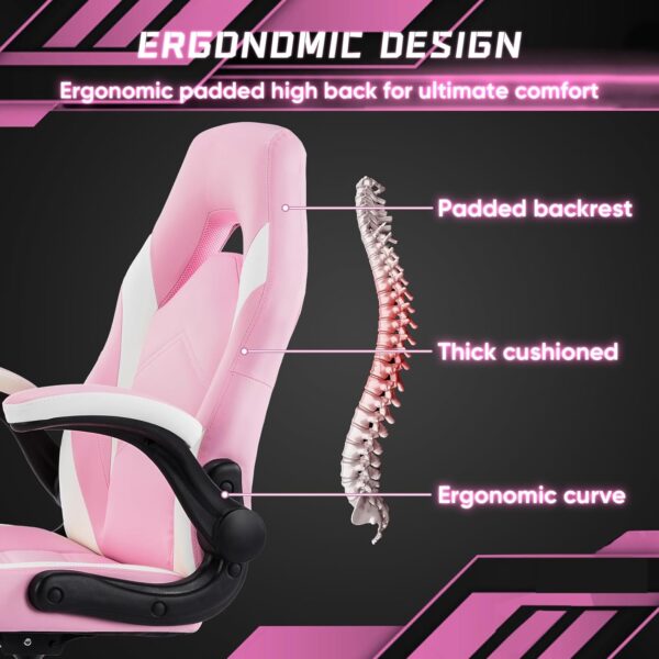 DUMOS Ergonomic Computer Gaming Chair - Home Office Desk with PU Leather Lumbar Support, Height Adjustable Big and Tall Video Game with Flip-up Armrest, Swivel Wheels for Adults and Teens, Pink - Image 3