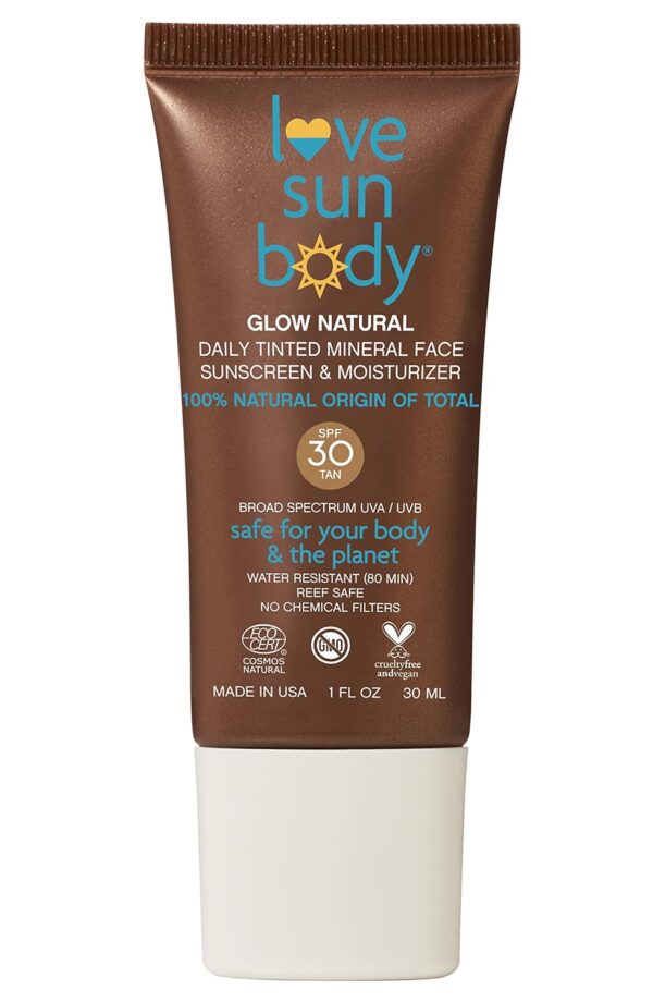 Love Sun Body Daily Tinted Face Sunscreen & Moisturizer (Tan) | SPF 30 Mineral Zinc Oxide | 100% Natural Origin | Reef Safe CC Cream | Ecocert Certified Cosmos Natural | 1 fl oz | EWG Verified®