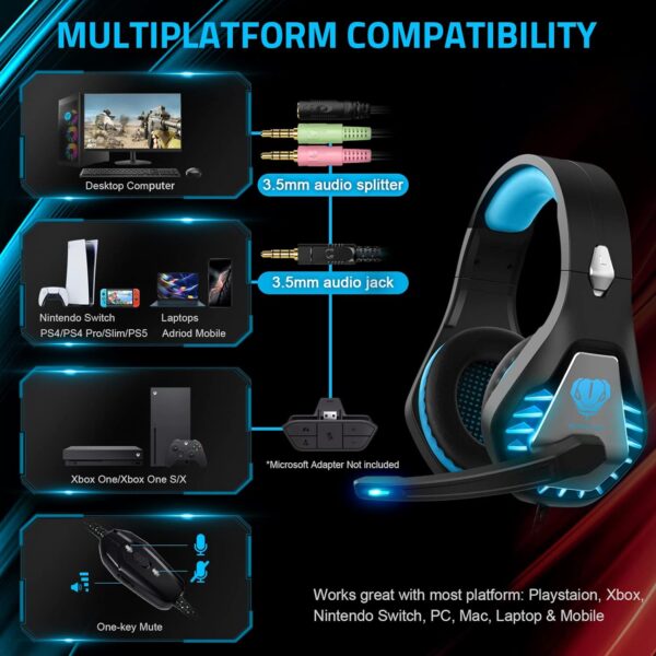 Gaming Headset with Microphone for PC PS4 PS5 Headset Noise Cancelling Gaming Headphones for Laptop Mac Switch Xbox One Headset with LED Lights Deep Bass for Kids Adults Black Blue - Image 4